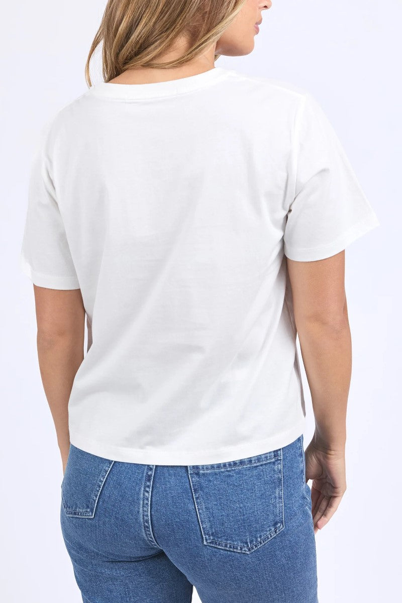 Person wearing a plain white t-shirt and blue jeans on a light gray background