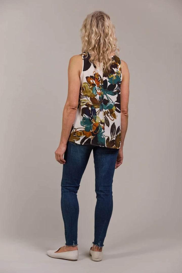 Back view of Elsie Tank in botanical tusk print, featuring a sleeveless design and smooth fabric, from Ivy Vibe Boutique.