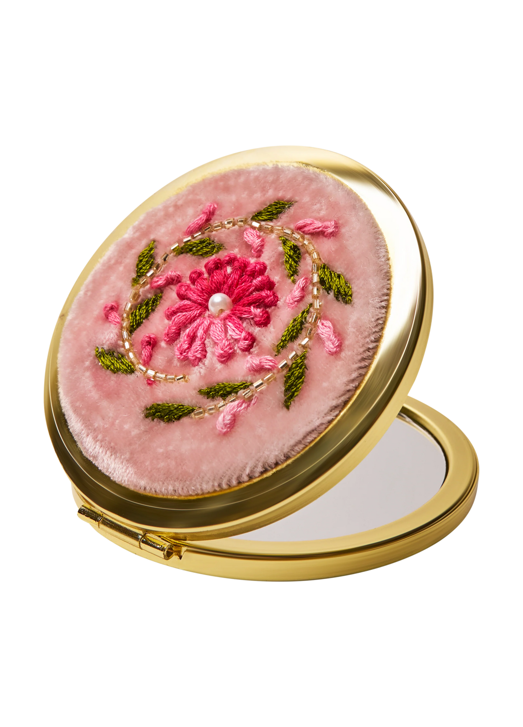 Compact mirror with pink floral embroidery on a white background