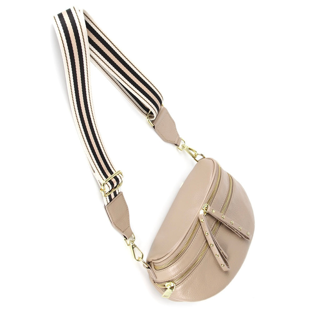 Voyager Bag in taupe with gold hardware from Ivy Vibe, showcasing a structured silhouette, top handles, and adjustable shoulder strap