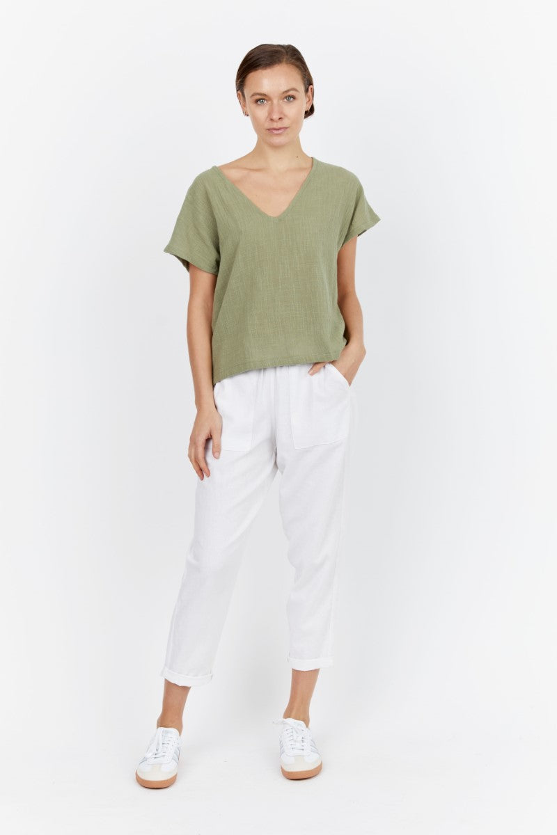 Front view of model wearing the Koa Top at Ivy Vibe, featuring a relaxed fit, short sleeves, button-up front, and lightweight fabric for effortless style.