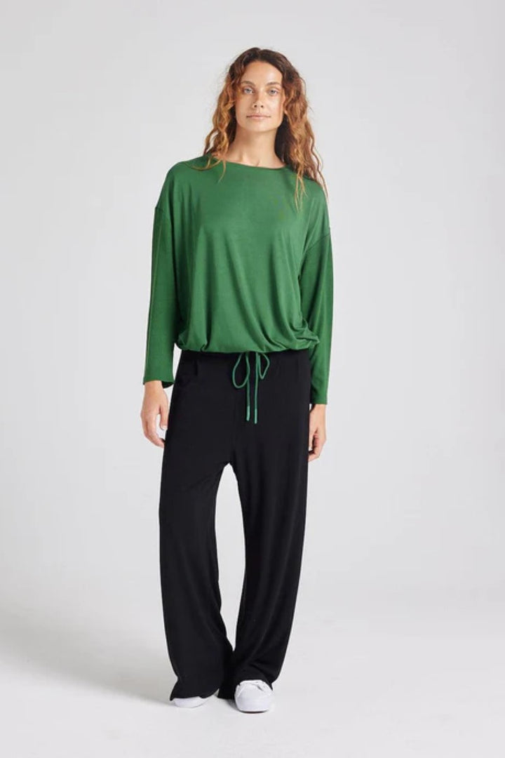 Front view of the Lady Drawstring Sweater in forest green, showcased at Ivy Vibe, featuring a relaxed fit, round neckline, and adjustable drawstring hem.