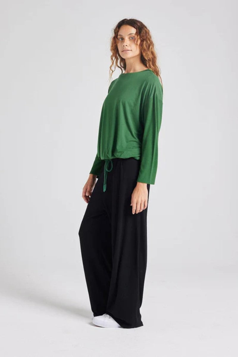 Side view of the Lady Drawstring Sweater in forest green, showcased at Ivy Vibe, featuring a relaxed fit and adjustable drawstring hem for a comfortable, casual style.