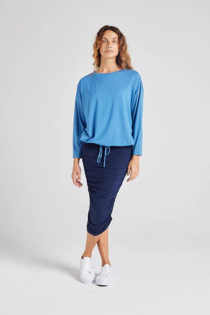 Front view of the Lady Drawstring Sweater in ocean blue, displayed at Ivy Vibe, featuring a relaxed fit, round neckline, and drawstring hem detail.