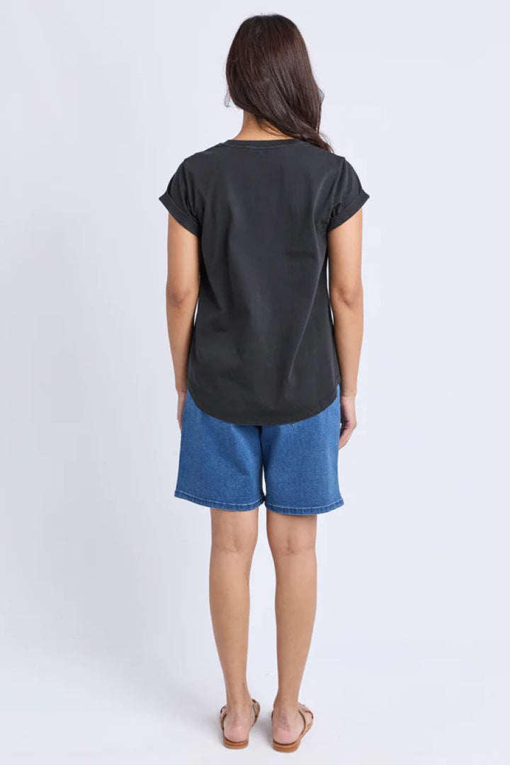 Person wearing a black t-shirt and blue shorts on a white background