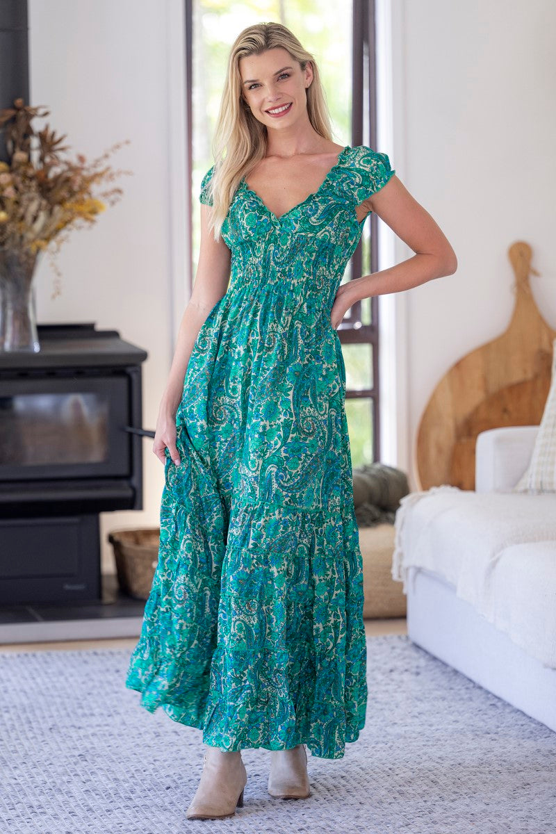 Front view of the Rosa Dress in Beatrix print, showcasing a flattering silhouette with flowing fabric and delicate detailing