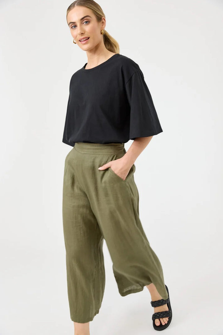 Studio Crop Pant in khaki, front view – features a tailored, relaxed fit with cropped length and clean design, styled by Ivy Vibe Boutique.