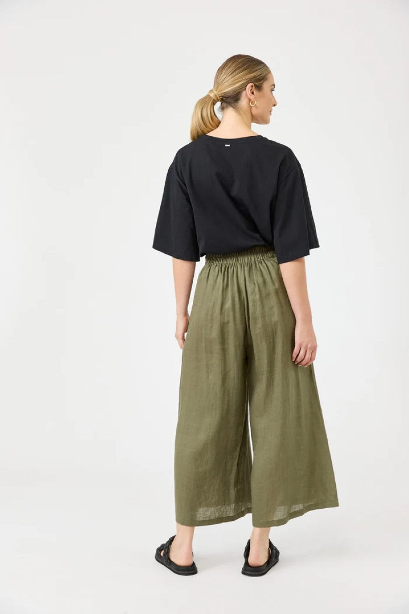 Back view of Studio Crop Pant in khaki – features a smooth waistband and clean, tailored finish, from Ivy Vibe Boutique.
