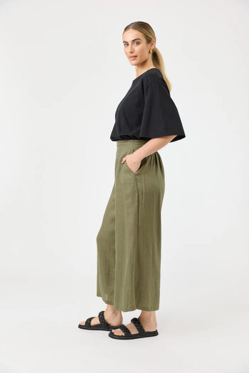Side view of Studio Crop Pant in khaki – displays the cropped length, straight-leg cut, and sleek silhouette, from Ivy Vibe Boutique.