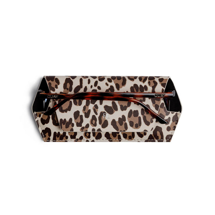 Leopard print sunglasses case with tortoiseshell frame on a white background