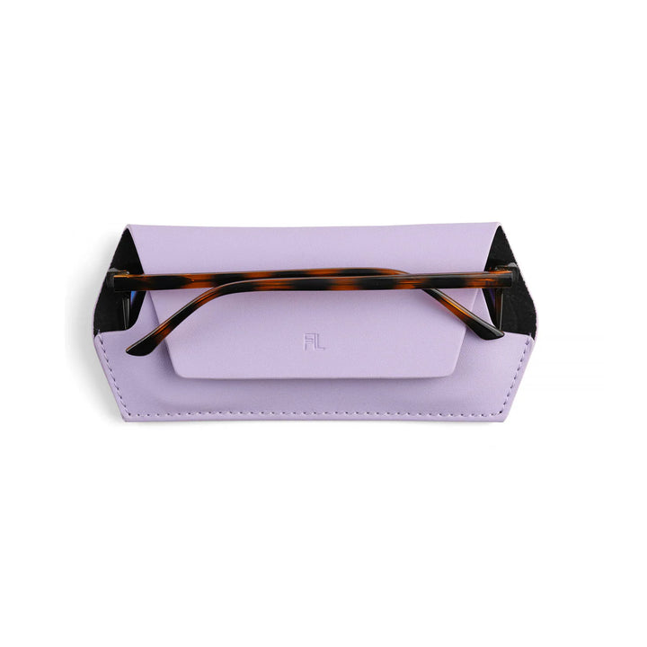 Purple sunglasses case with tortoiseshell arms on a white background