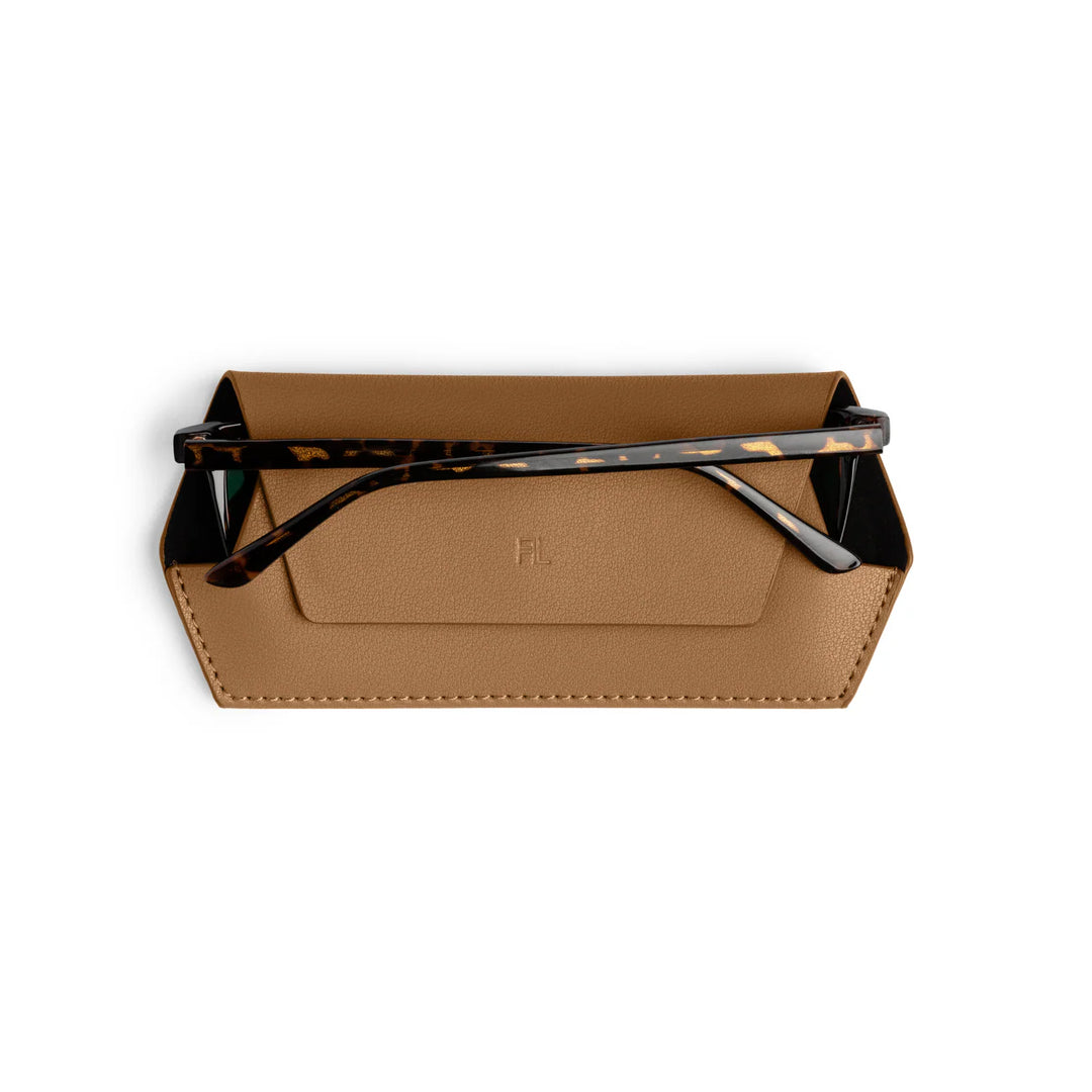 Brown sunglasses case with black sunglasses on a white background