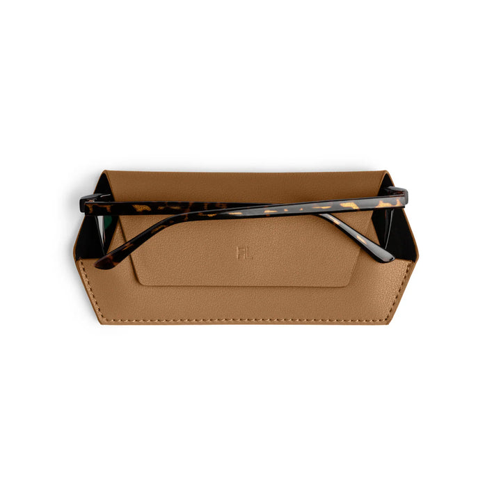 Brown sunglasses case with black sunglasses on a white background