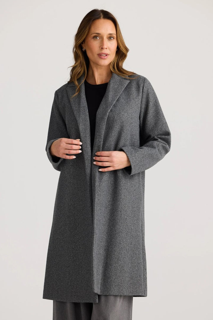 Front view of the Bella Coat in Charcoal Marble, featuring an open front design, lapel collar, and knee-length cut with side seam pockets.