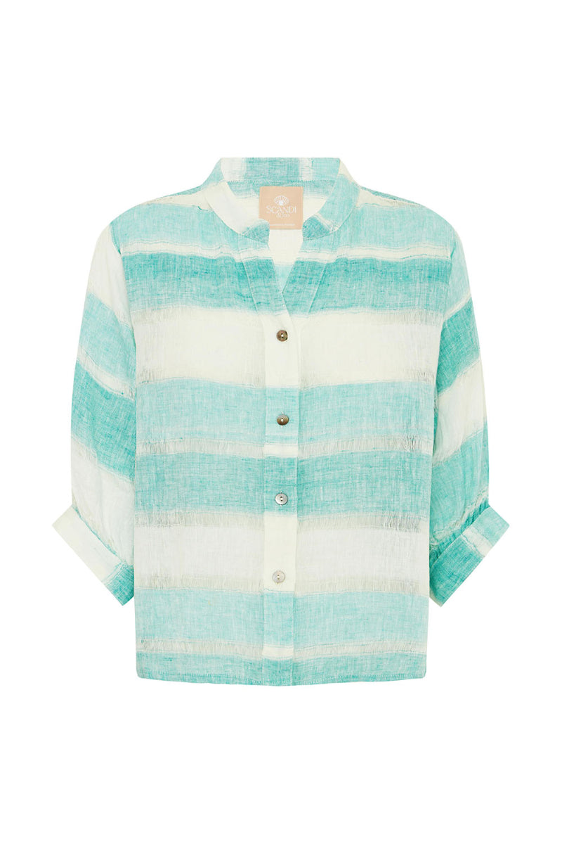 Turquoise and white striped shirt WITH BUTTONS AND ROLLED SLEEVES on a white background