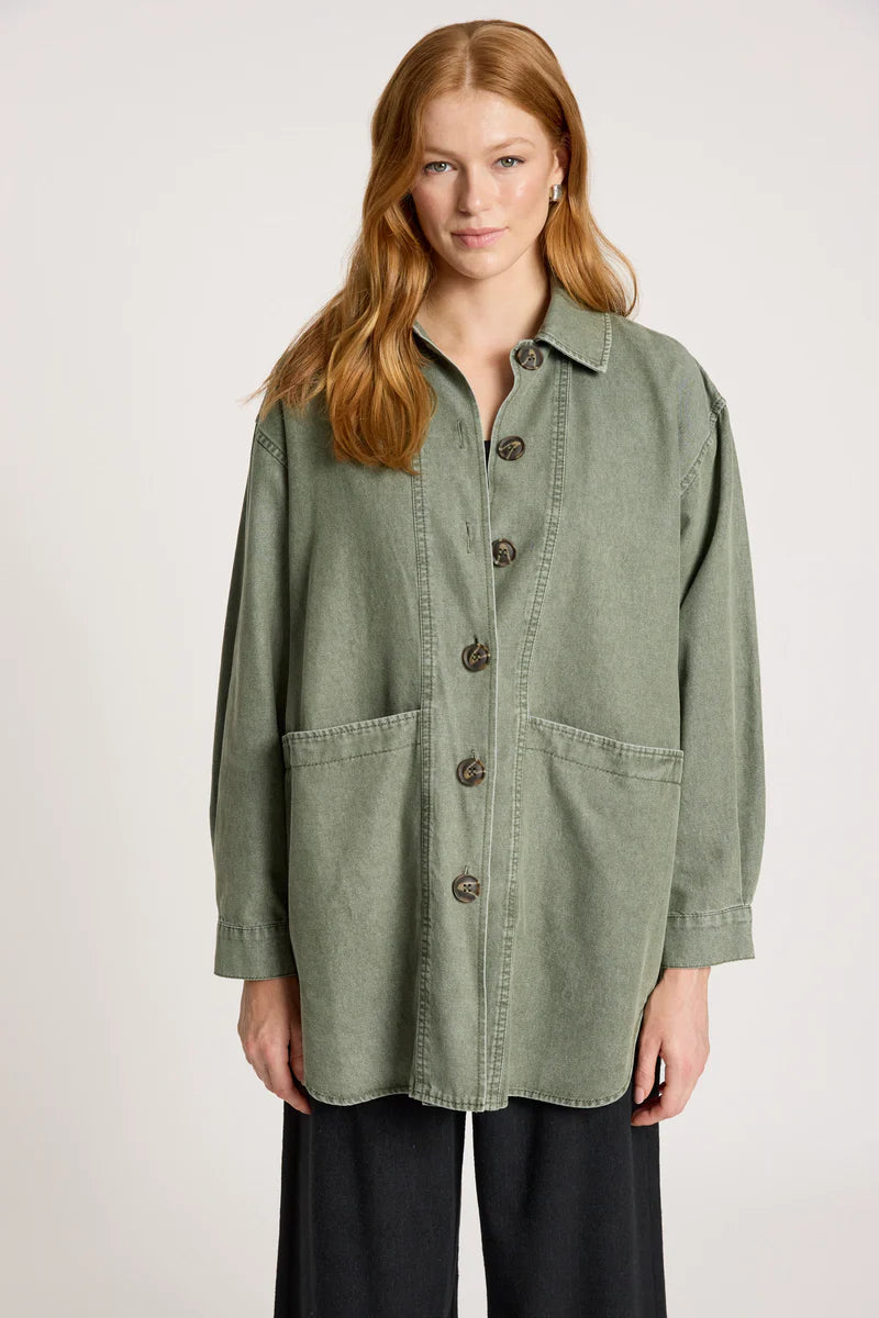 woman wearing Bodhi Denim Jacket in Olive