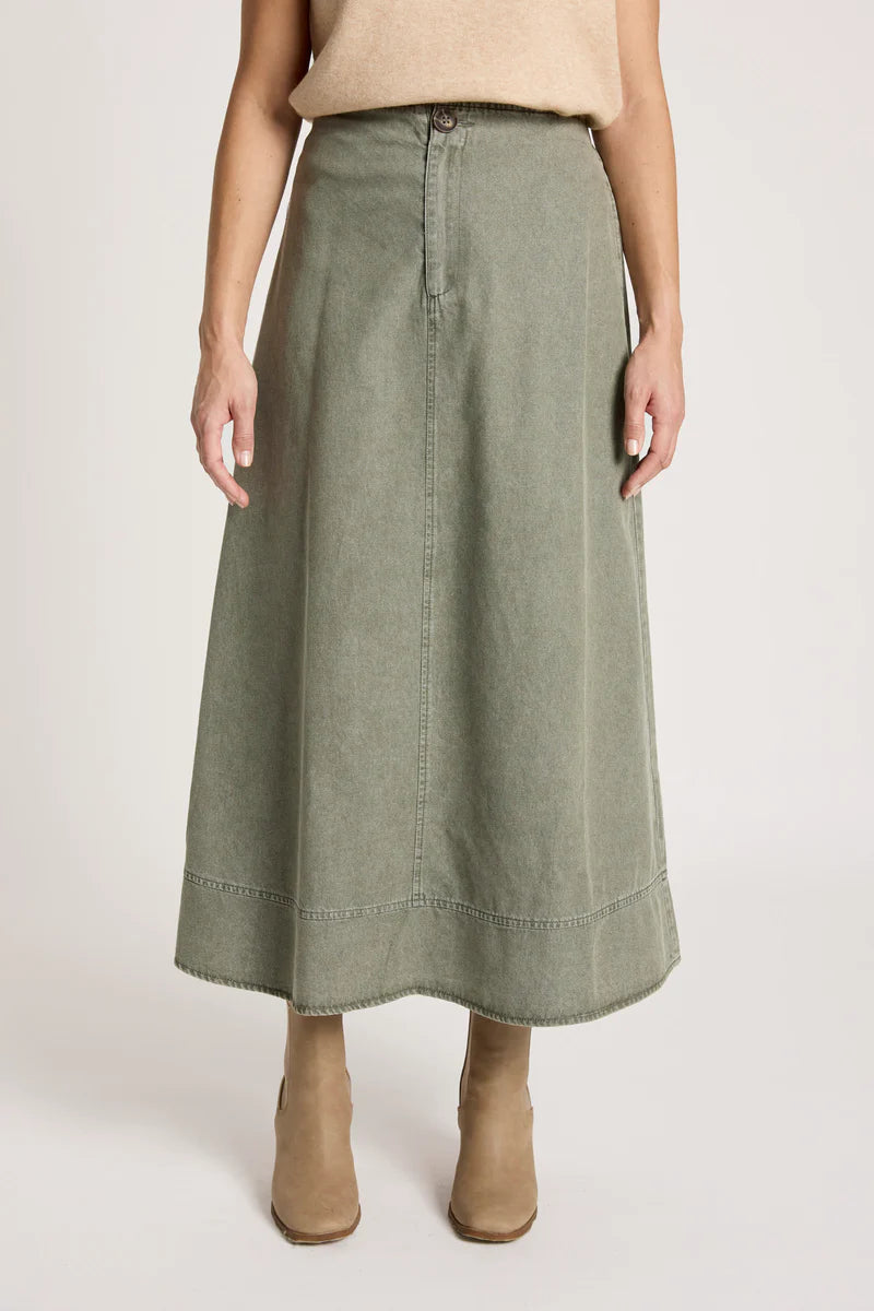 woman wearing Bodhi Denim Skirt in Olive