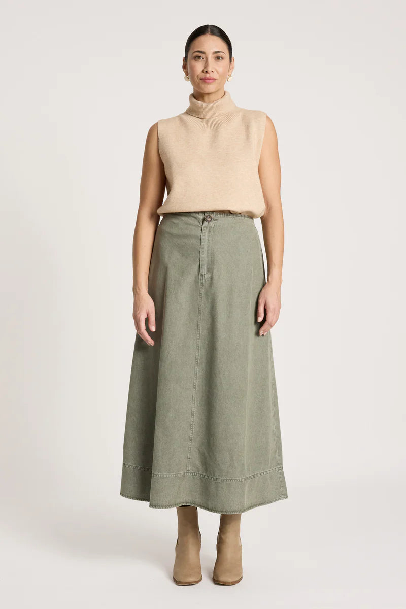 woman wearing Bodhi Denim Skirt in Olive