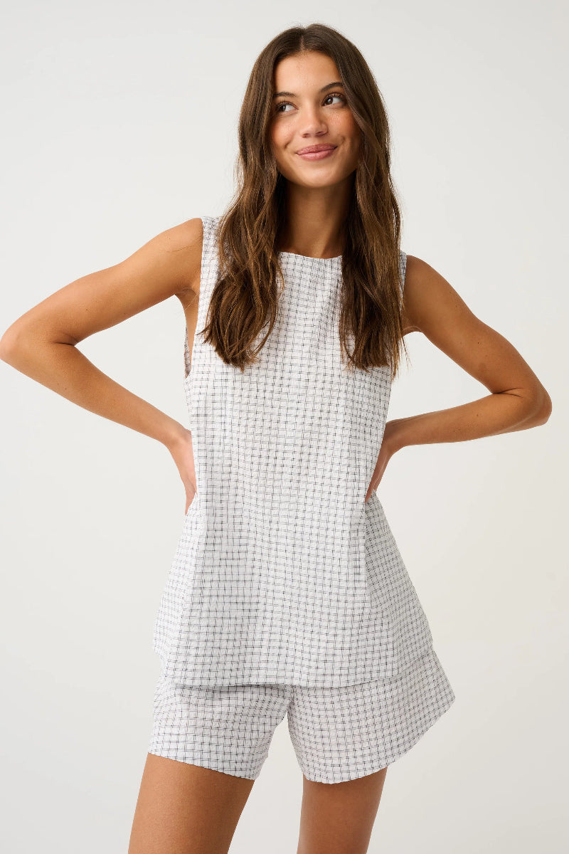 Front view of sleeveless check top with matching shorts.