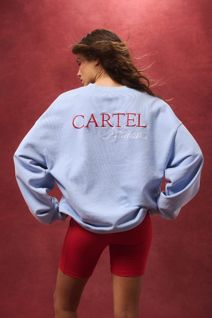Person wearing a light blue sweatshirt with 'CARTEL' text on the back against a red background