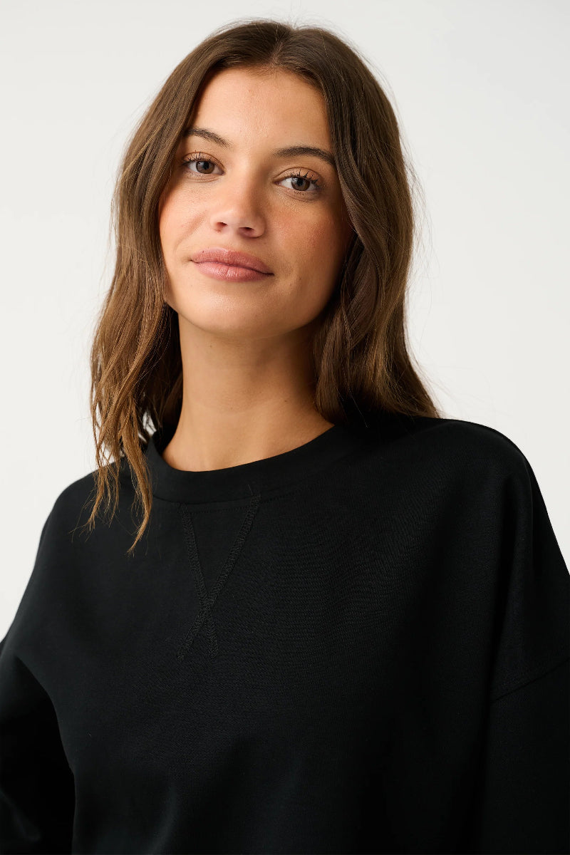 Close-up of black crew-neck oversized top.