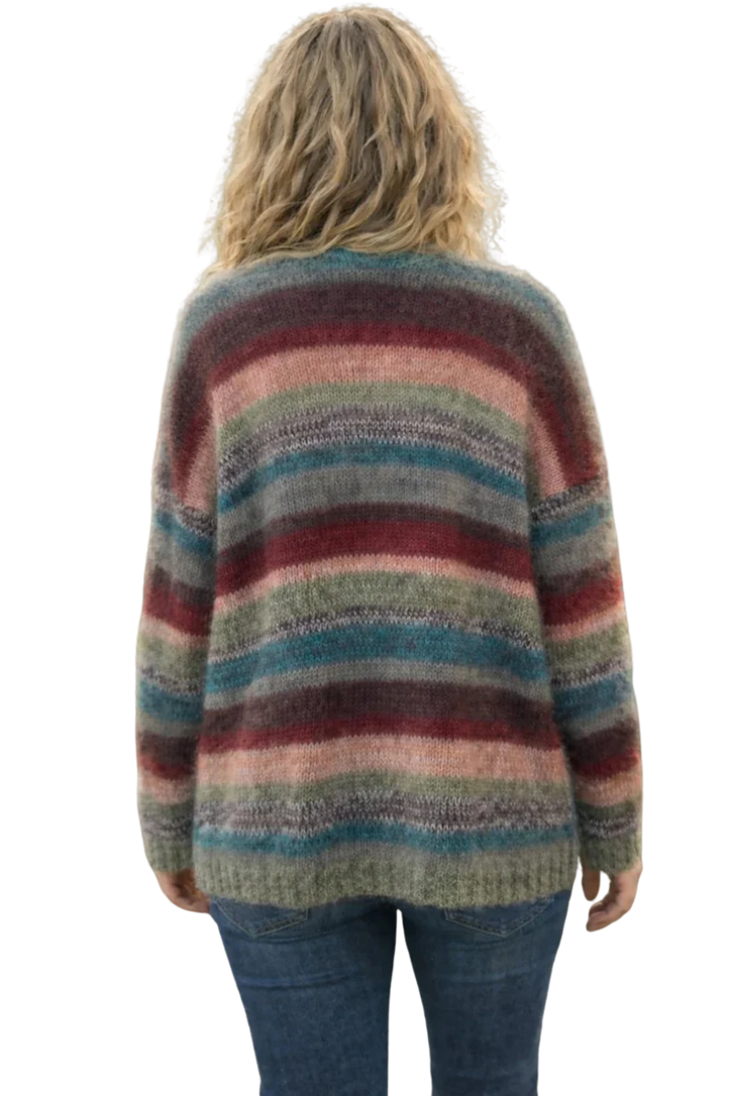 Multicolored striped sweater worn by a person on a white background