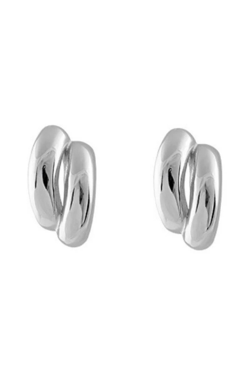 The Claire Earrings in Silver by Zahar feature a sleek twisted double band design, crafted from water-resistant stainless steel for a modern, elegant finish — Ivy Vibe.
