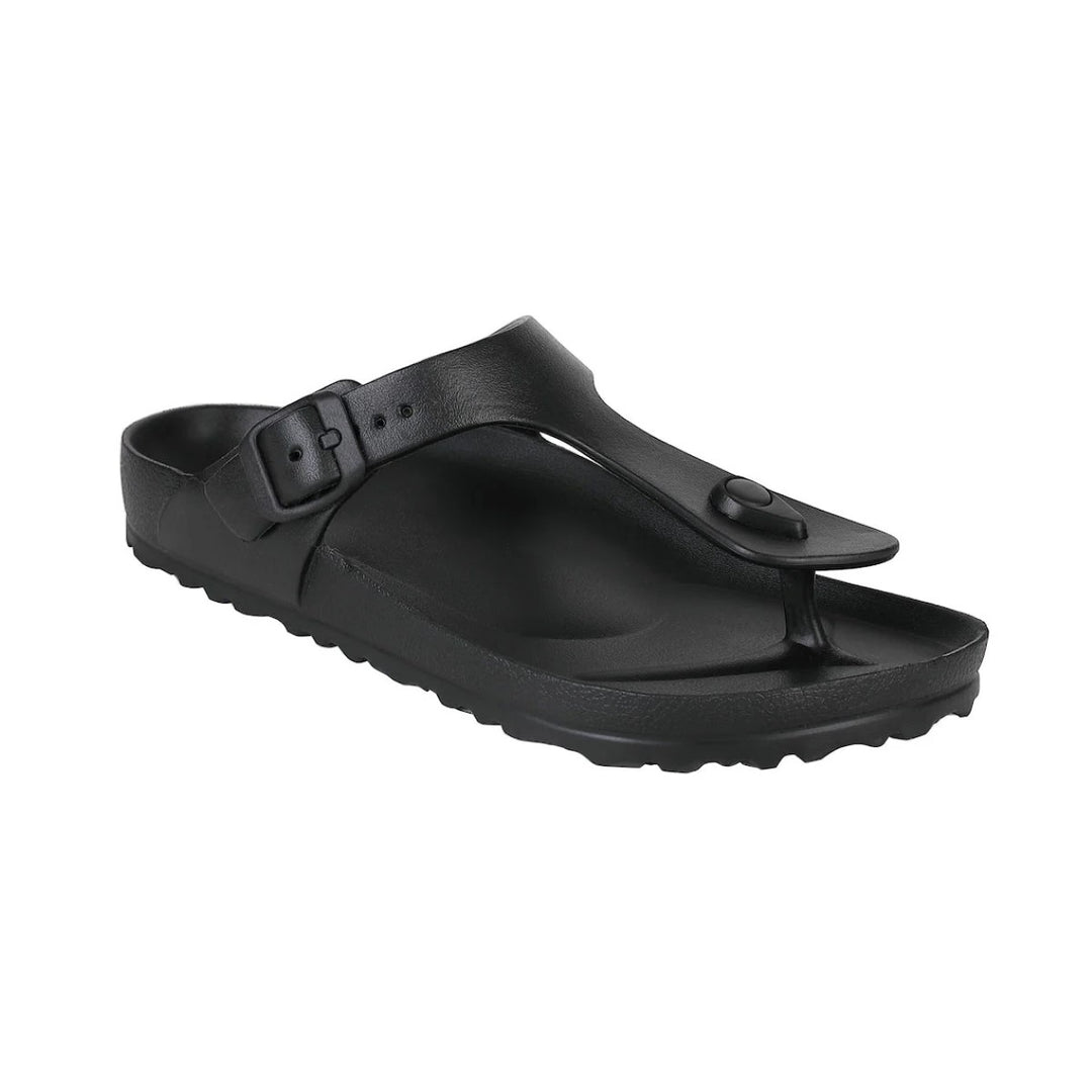 Side view of the Coastal Slides in black, showing the dual adjustable straps, contoured footbed, and supportive sole design.