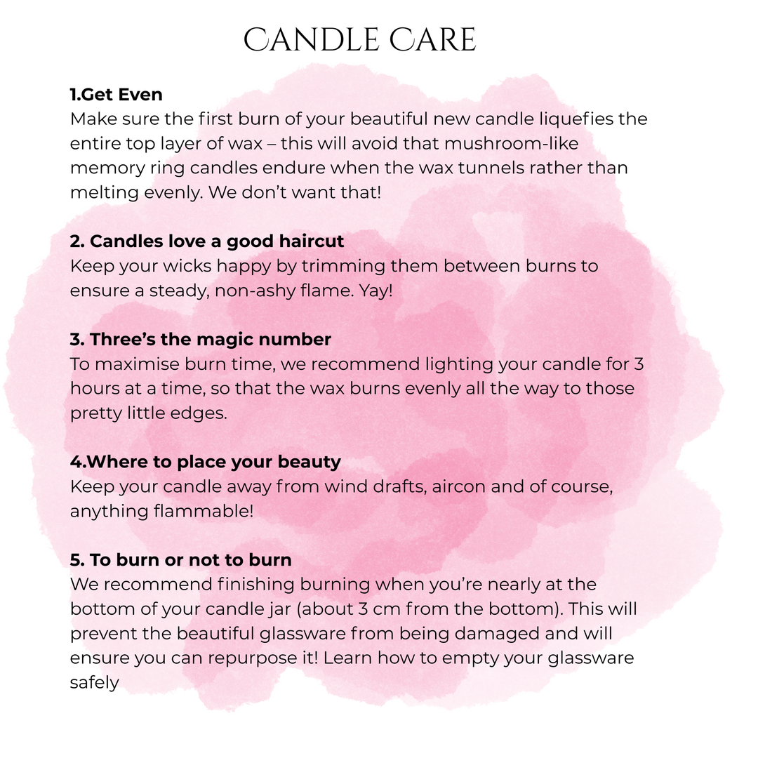 Candle care tips with a pink watercolor design on a white background