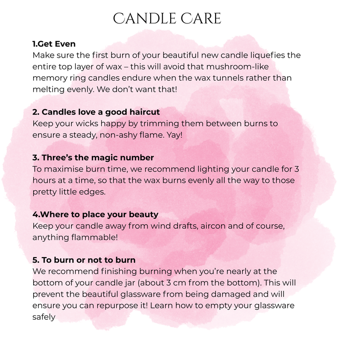 Candle care tips with a pink watercolor design on a white background