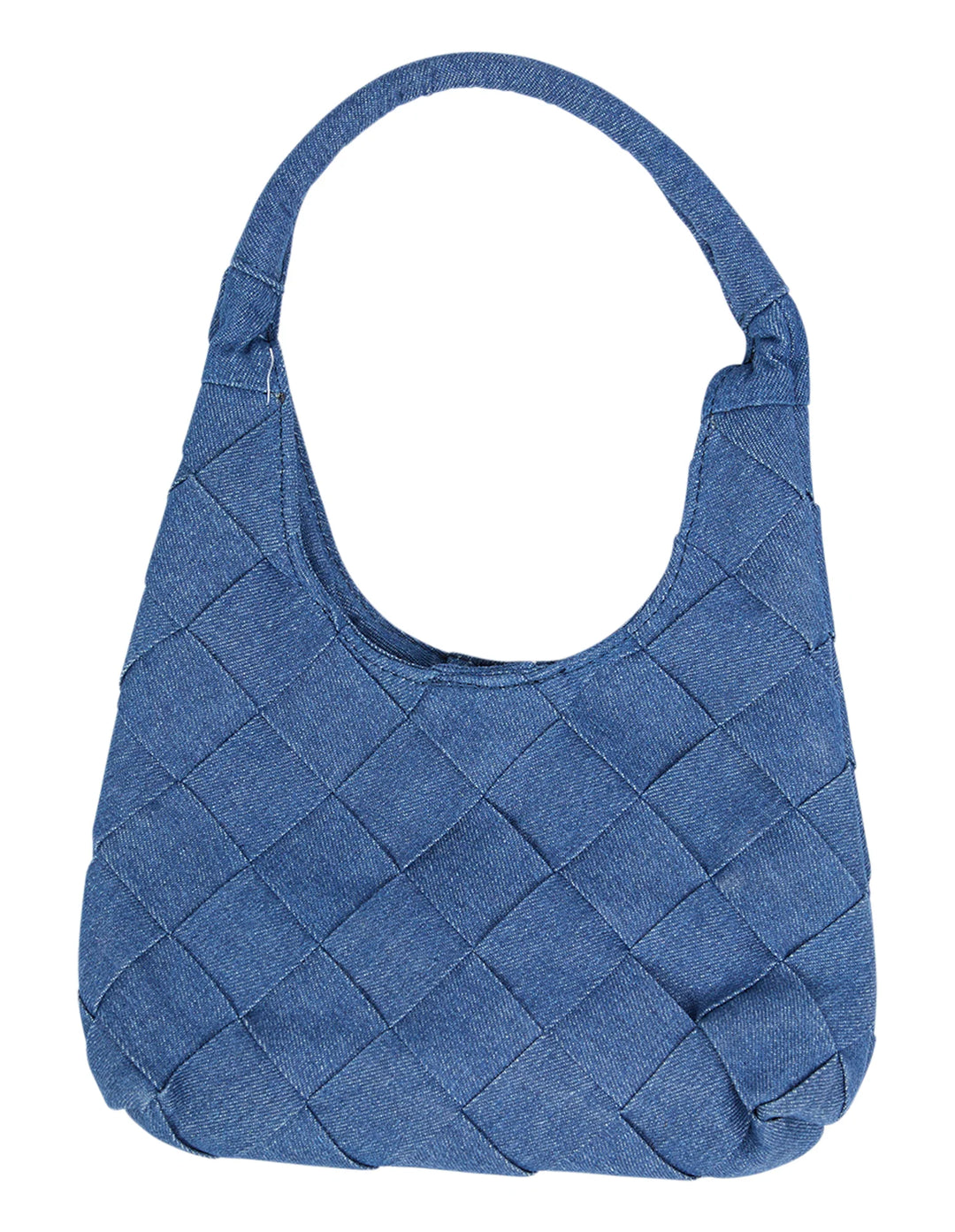 Blue woven handbag on a white background
