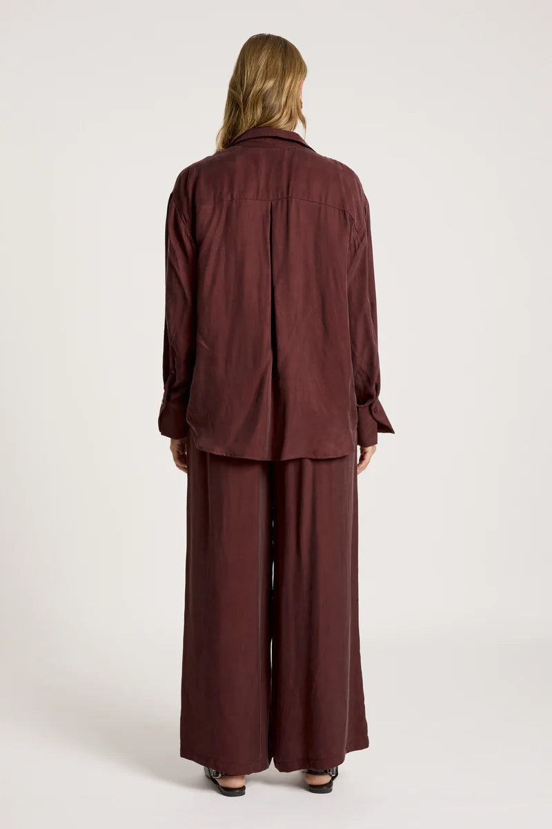 woman wearing Calista Shirt in Mahogany