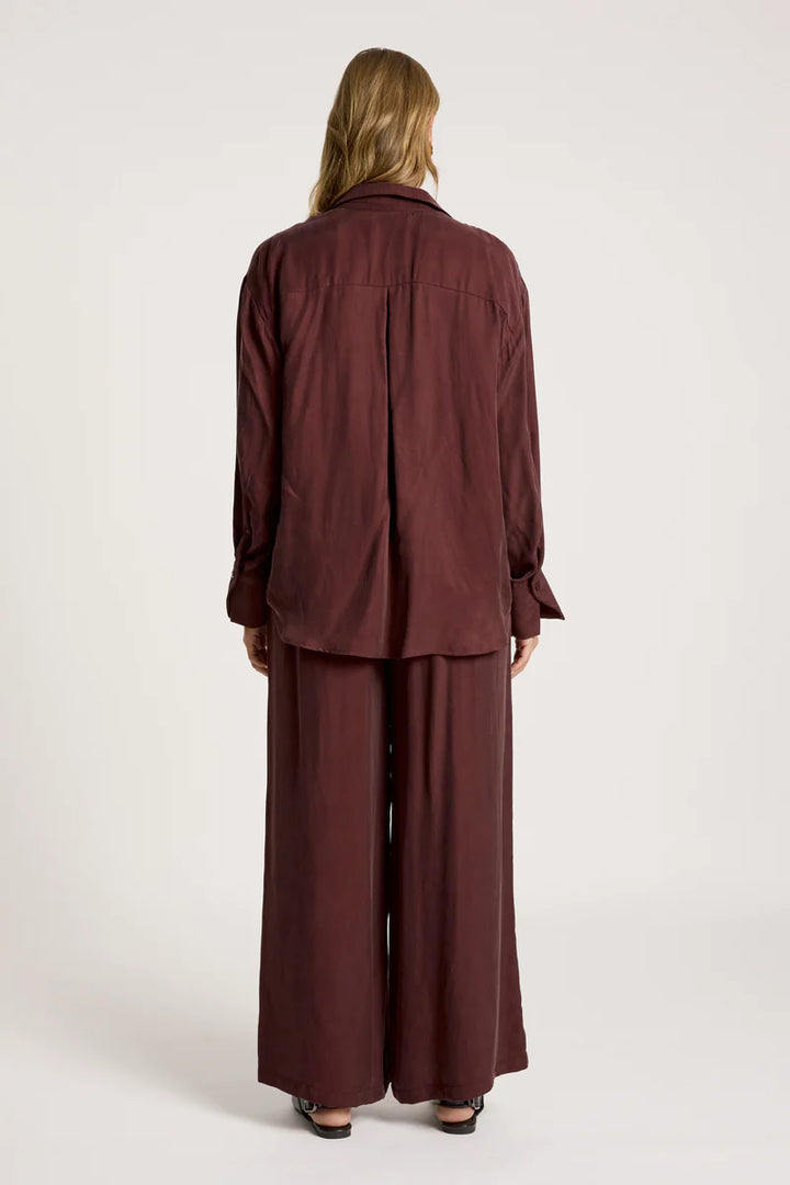 woman wearing Calista Shirt in Mahogany