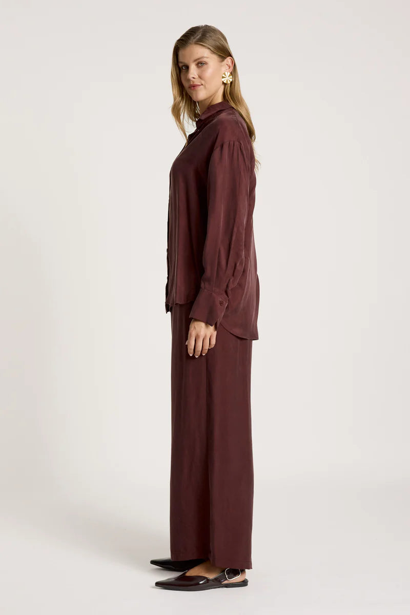 woman wearing Calista Shirt in Mahogany