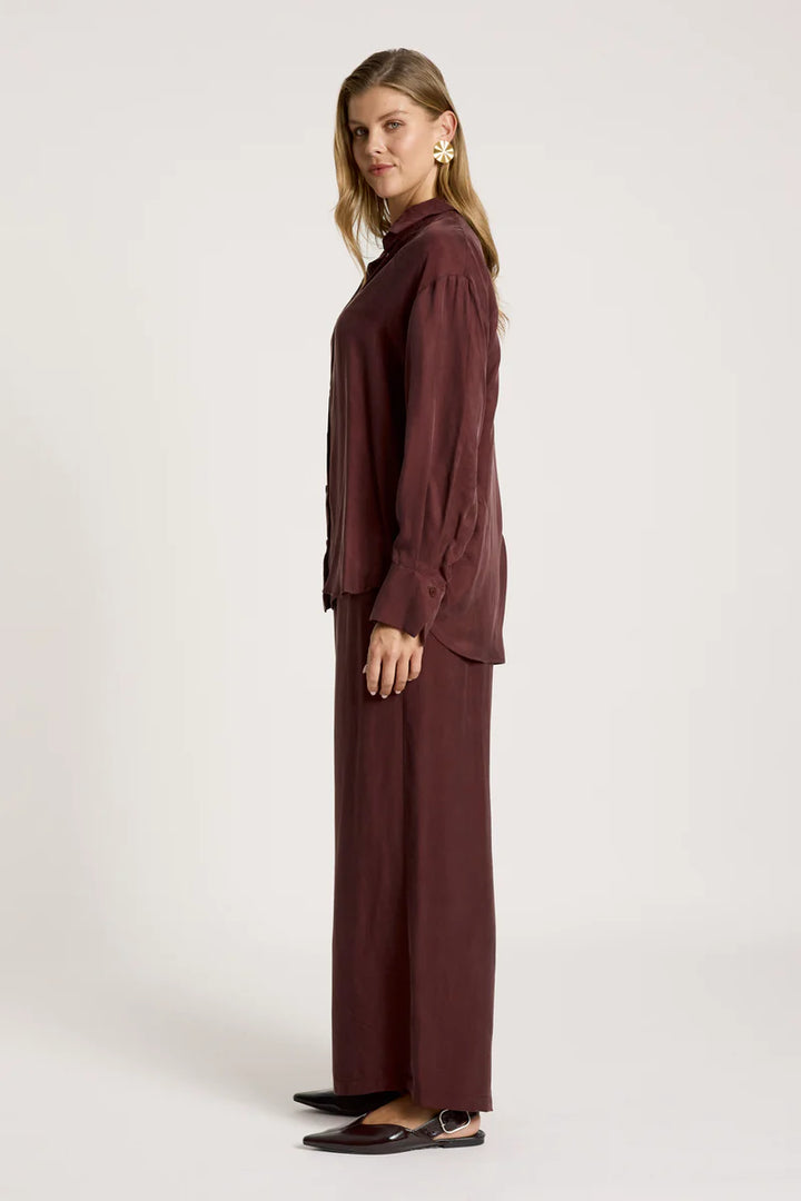 woman wearing Calista Shirt in Mahogany