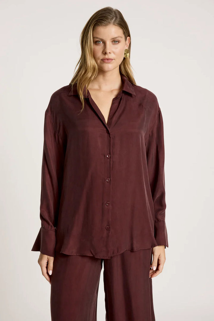 woman wearing Calista Shirt in Mahogany