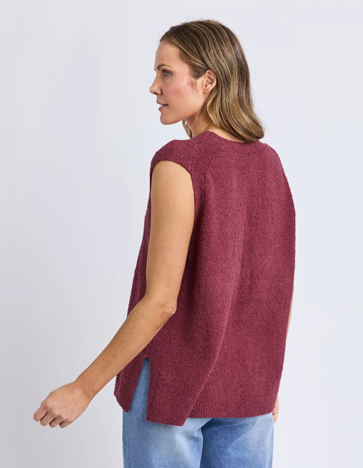 Back view of plum textured sleeveless knit top.