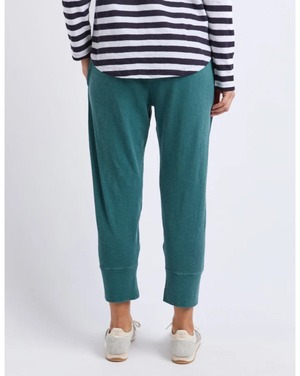 Back view of teal cropped jogger pants with cuffed hem.