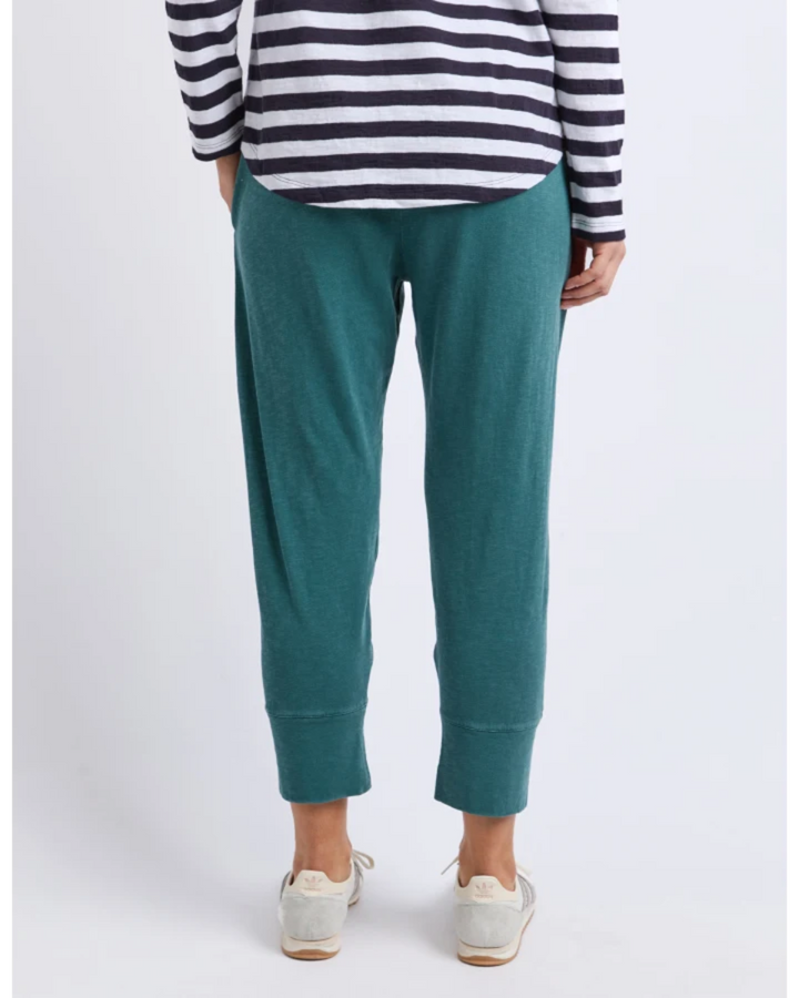 Back view of teal cropped jogger pants with cuffed hem.