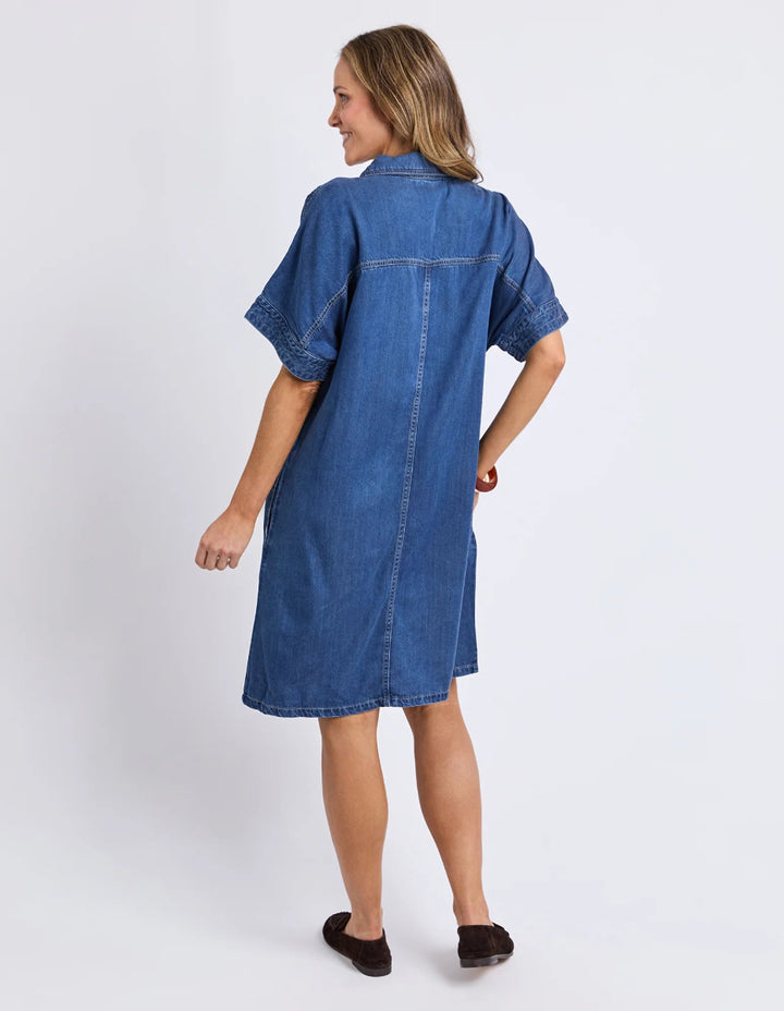 Back view of blue denim shirt dress with short sleeves.