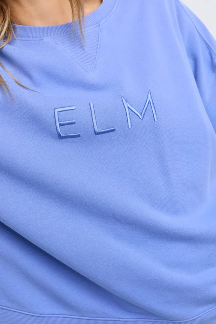 Light blue sweatshirt with 'ELM' logo on a plain background