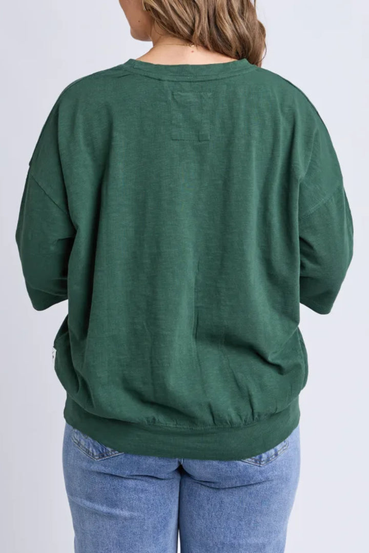 Green sweatshirt worn by a person on a plain background