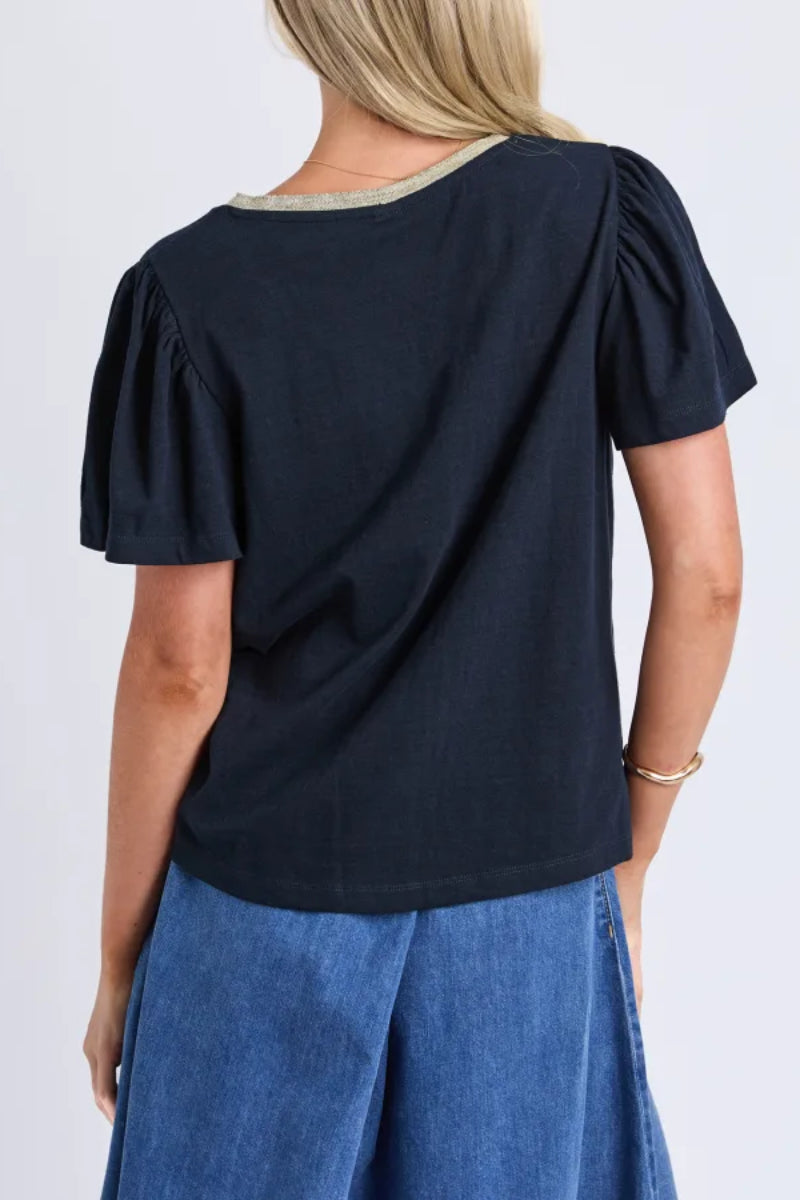 A woman shown from the back wearing a dark navy short-sleeve top with puff sleeves and a light beige ribbed trim along the neckline, paired with blue denim skirt or shorts, against a light gray studio background.