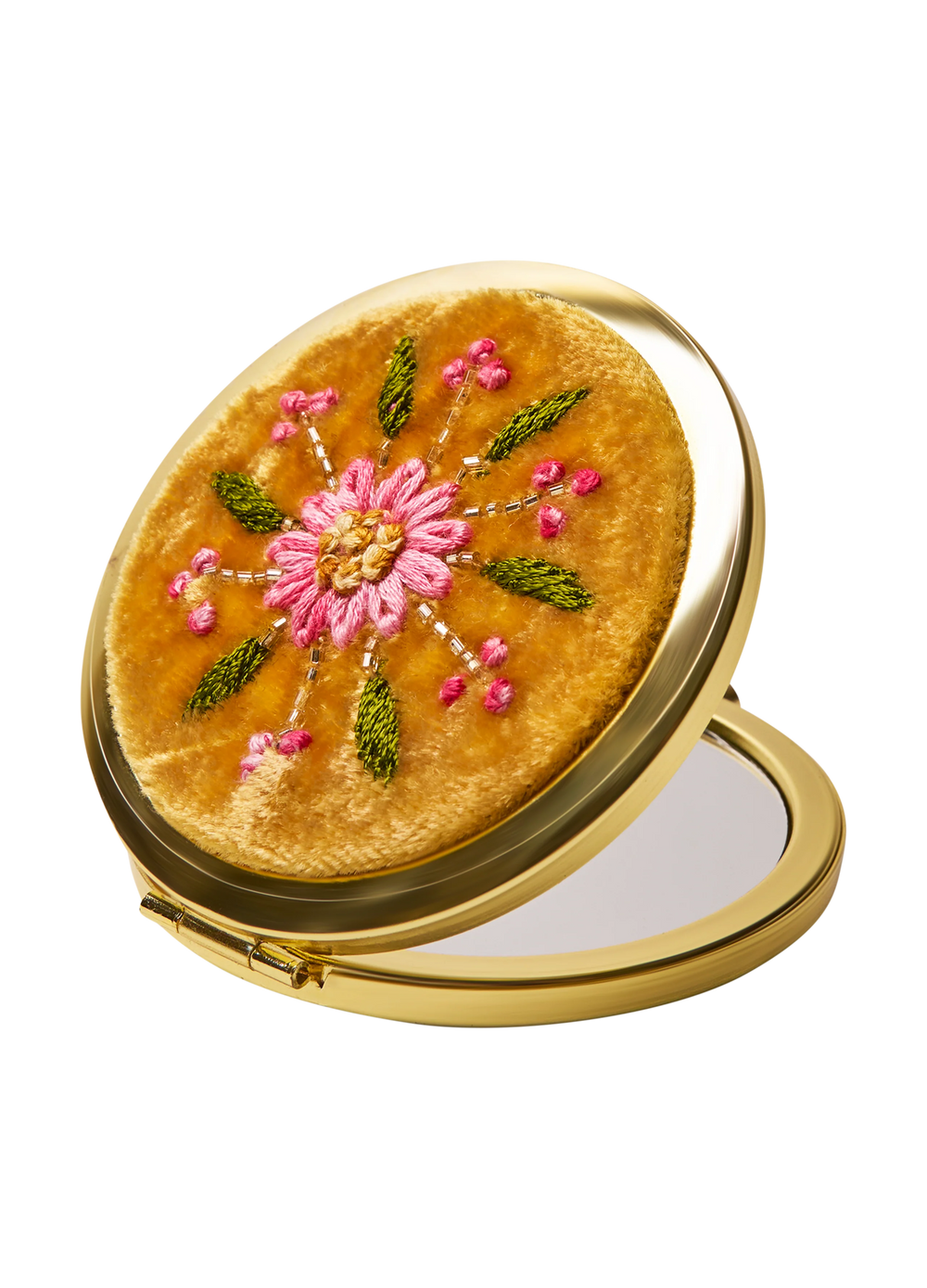 Compact mirror with floral embroidery on a white background