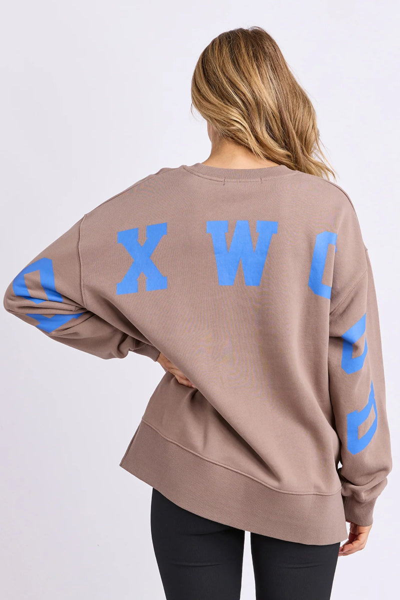Person wearing a brown sweatshirt with blue letters on a white background