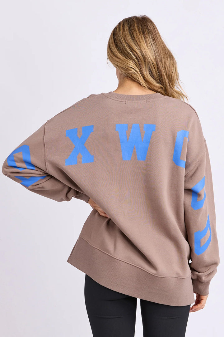 Person wearing a brown sweatshirt with blue letters on a white background