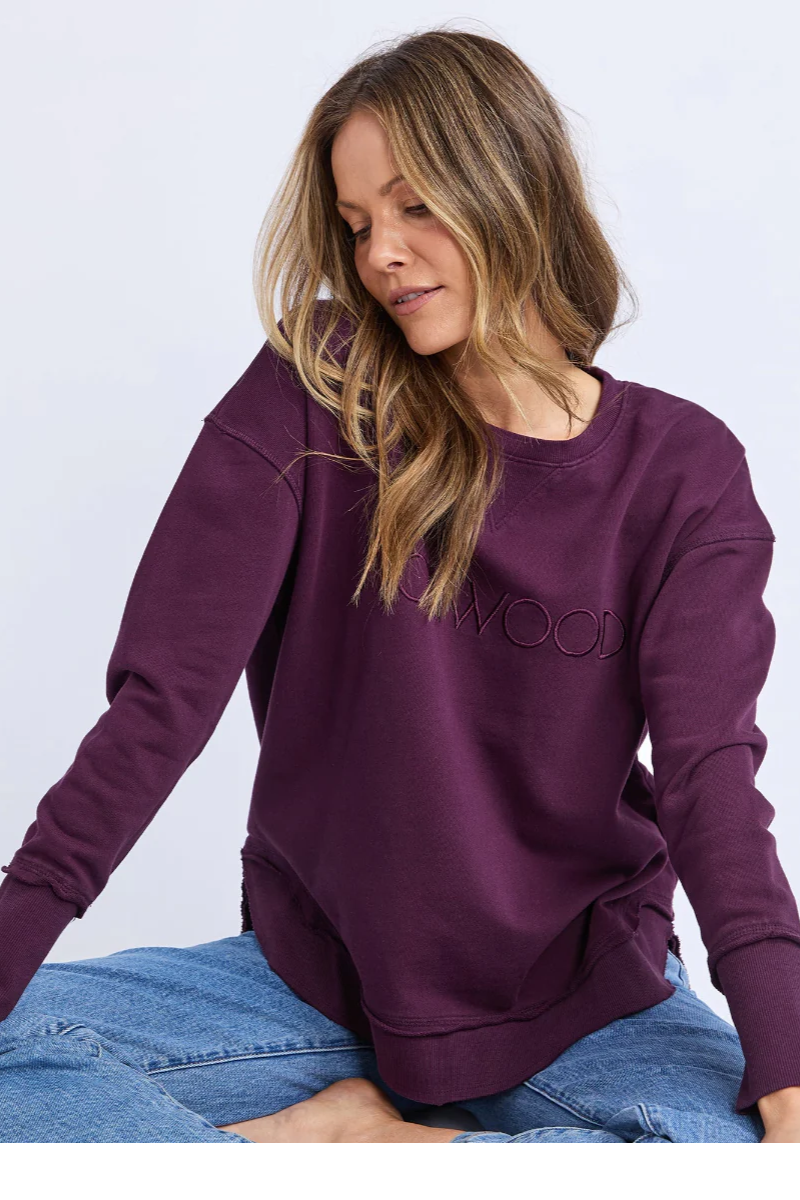 Women wearing a long sleeve embroidered sweatshirt in a neutral background.