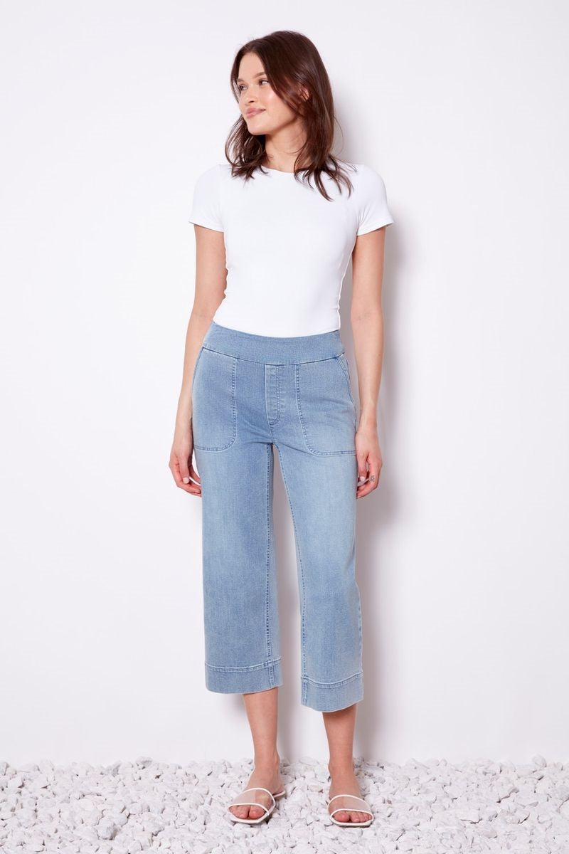 Front view of the Gaucho Denim Pant in light blue from Ivy Vibe Boutique, showcasing its wide-leg cut and relaxed fit