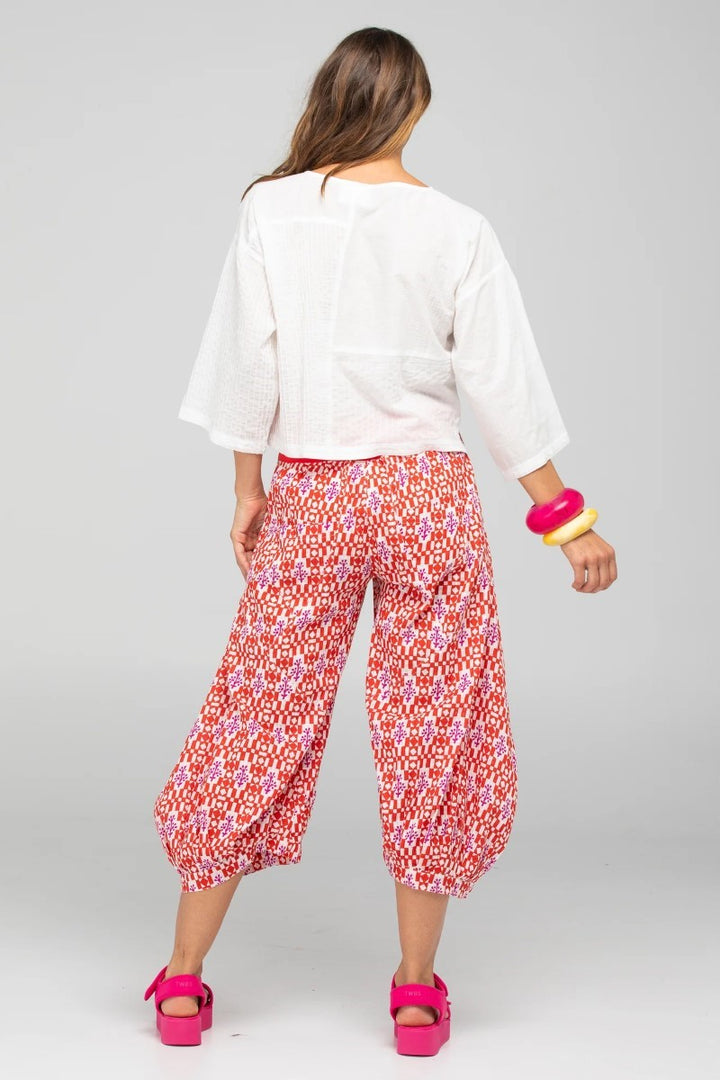 Woman wearing a white top and red patterned pants on a gray background