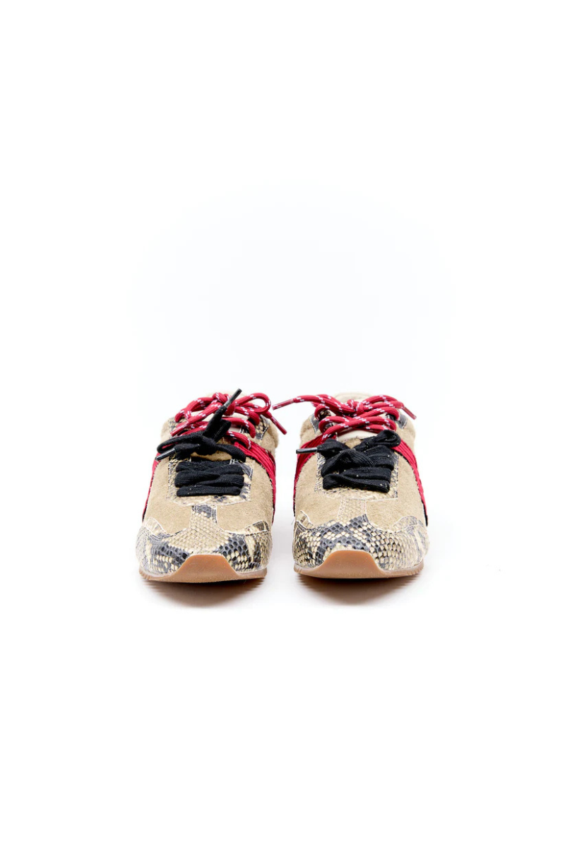 Pair of patterned shoes with red laces on a white background